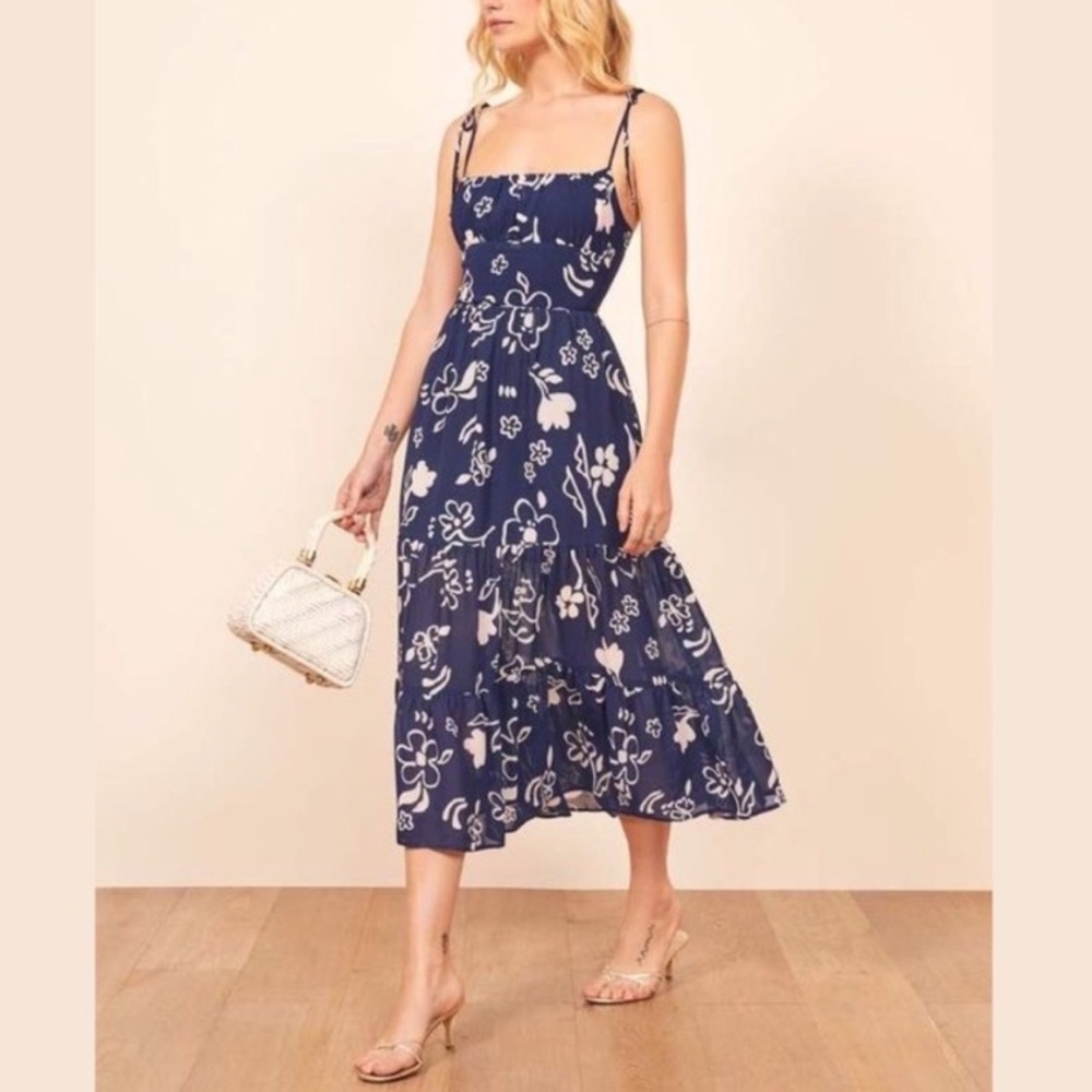 Reformation Navy Blue Floral Midi Dress